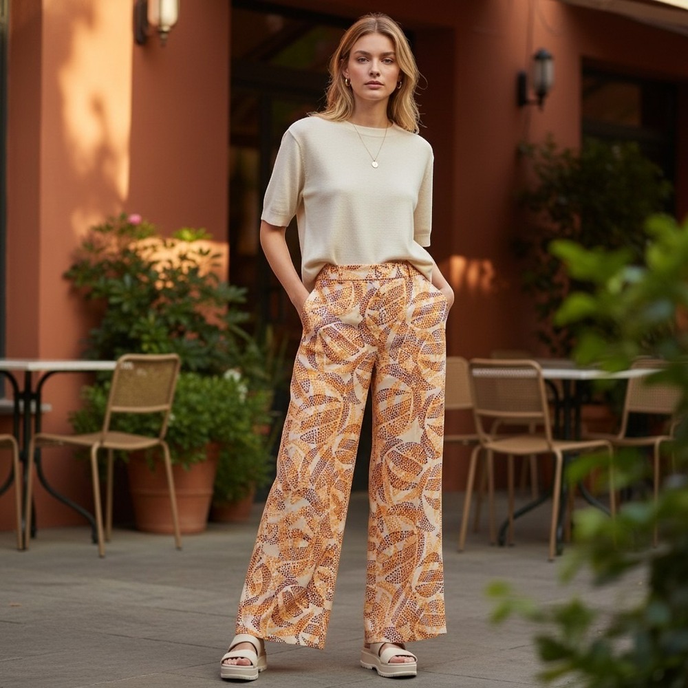 Ella Rafaella Honey Peach Dotted Leaf Wide Leg Pants 10P NEW